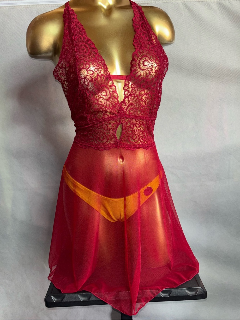 Red Lace & Mesh Babydoll Chemise with Crisscross Back